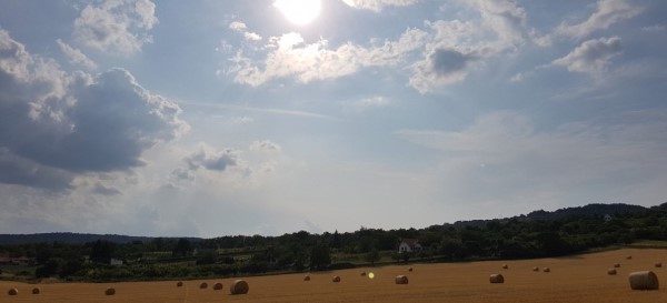 Aranyló mezők szénabálákkal és forró napsütéssel